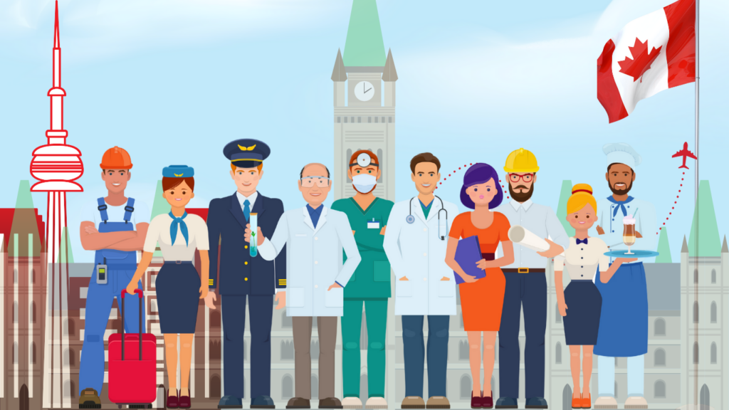 An illustration of skilled workers from diverse professions, including healthcare, construction, education, and trades, arriving in Canada. CN Tower and Parliament Hill in the background, symbolizing the new Express Entry draw and Canada’s initiative to reduce labour shortages through skilled immigration.