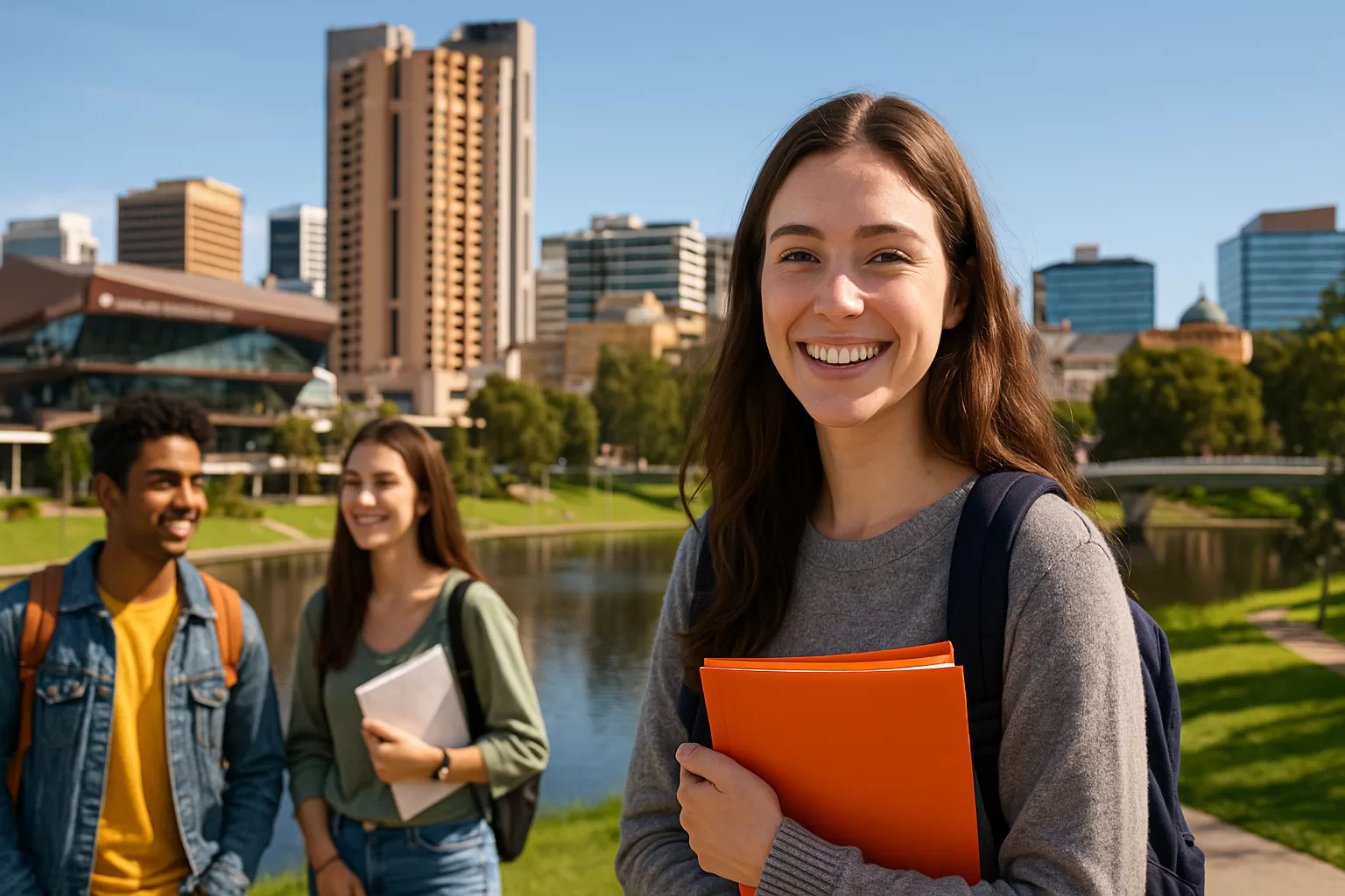 Happy international student with Adelaide skyline in the background – Study in Adelaide Australia